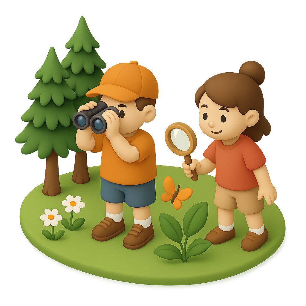 Children exploring plants and wildlife with binoculars and a magnifying glass