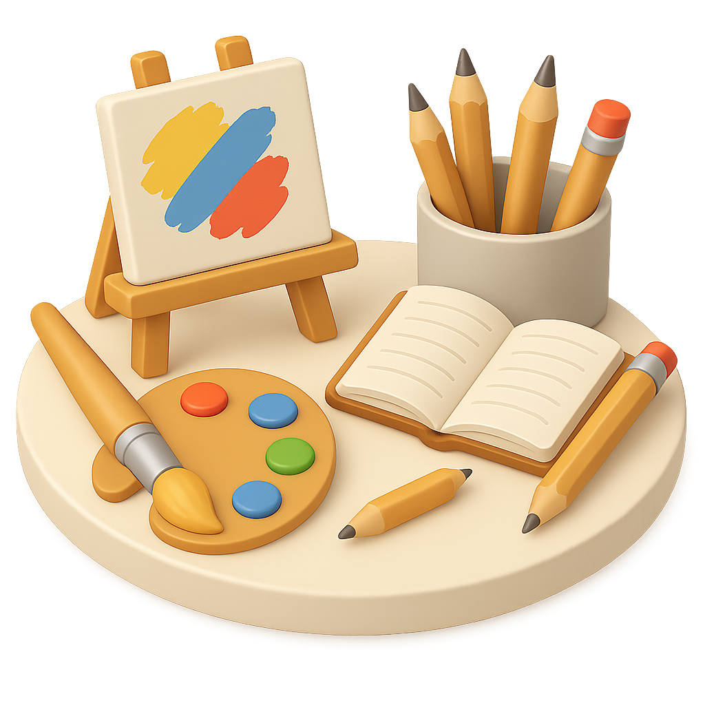 Art materials including paints, pencils, a sketchbook and an easel