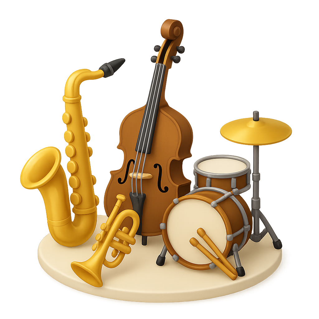 A collection of musical instruments including saxophone, trumpet, strings and drums